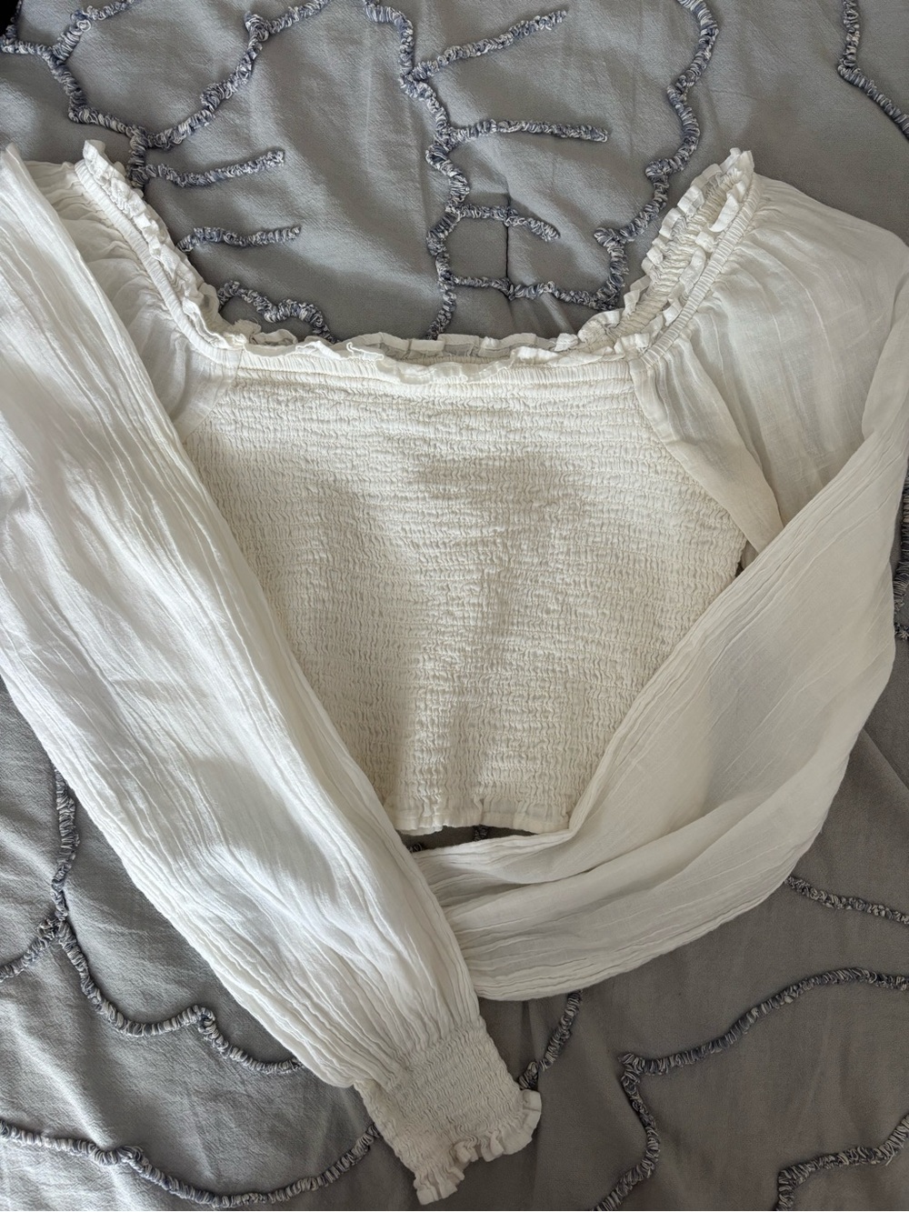 Aerie White Smocked Long Sleeve Top